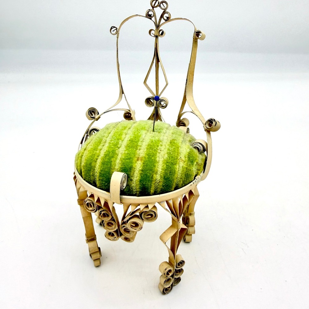 Vintage Quilled Paper Miniature Chair Pin Cushion Tramp Art Green Velvet Sewing